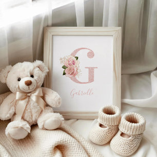 Póster Monograma Floral Glitter Rosa Dorado Femenino G