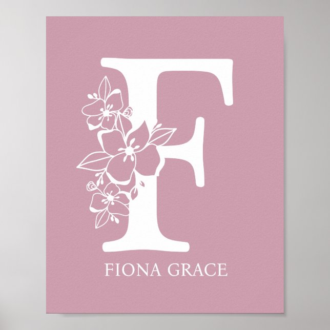 Póster Monograma floral Letra F Nombre Nursery Moderno (Frente)