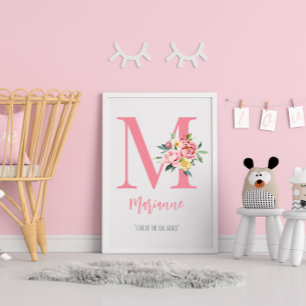 Póster Monograma floral rosa elegante personalizable inic