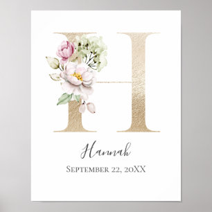 Póster Monograma H Rosa Blanco Floral Letra Dorada Guarde