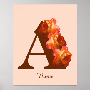 Póster Monograma inicial A personalizado de rosa naranja