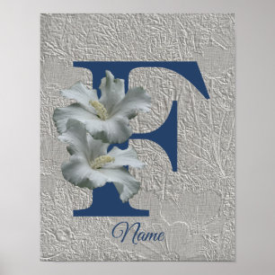 Póster Monograma Inicial Flor de Hibisco F Su Nombre  