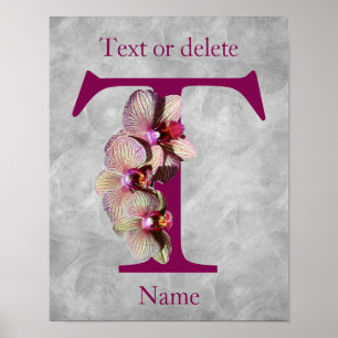 Póster Monograma Inicial T Elegante Orquídea Personalizad