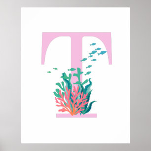 Póster Monograma inicial T Monograma rosa teal Océano Pós