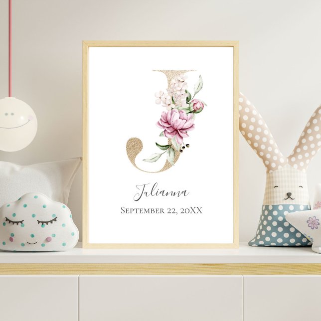 Póster Monograma J Letra blanca rosada dorada de la letra (Gold Monogram Letter J, Pink Floral Watercolor Nursery Wall Art)