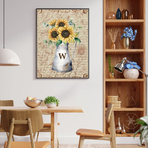 Póster Monograma Letra Rustic Sunflower Vintage Desconcha