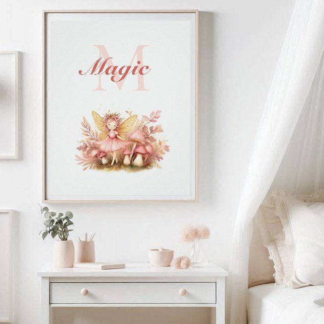 Póster Monograma mágico rosado Inspirador (enchanted garden fairy princess mushrooms nursery kids decor poster personalized monogram magic)