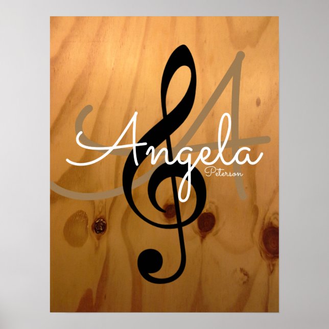 Póster monograma musical en madera rústico y sofisticado (Frente)