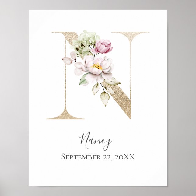 Póster Monograma N Letra blanca rosa floral dorada Nurser (Frente)