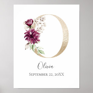 Póster Monograma O Letra blanca rosa Floral Gold Nursera