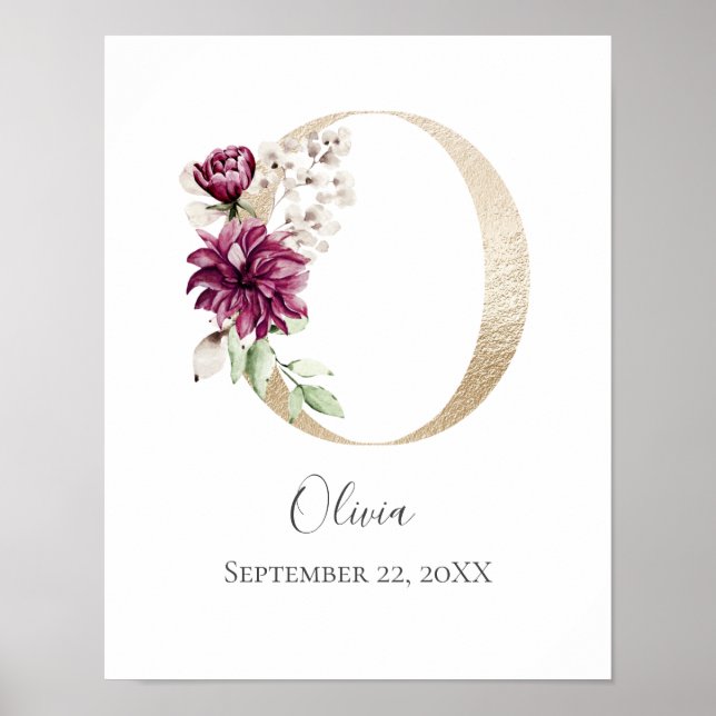 Póster Monograma O Letra blanca rosa Floral Gold Nursera (Frente)