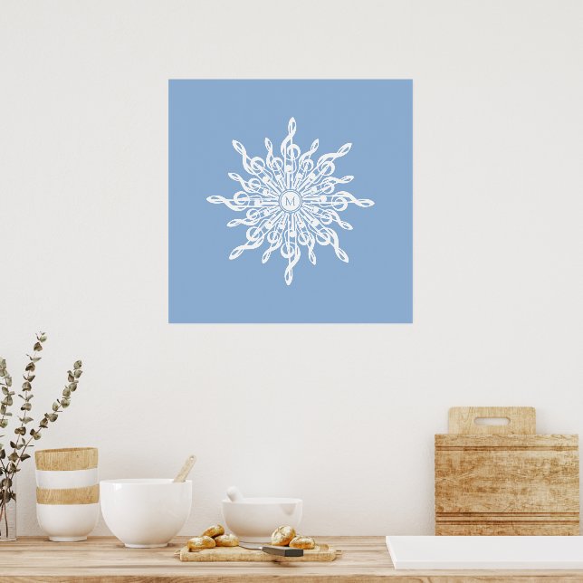Póster Monograma Ornamental Azul invernal G-Clef Snowflak (Cocina)