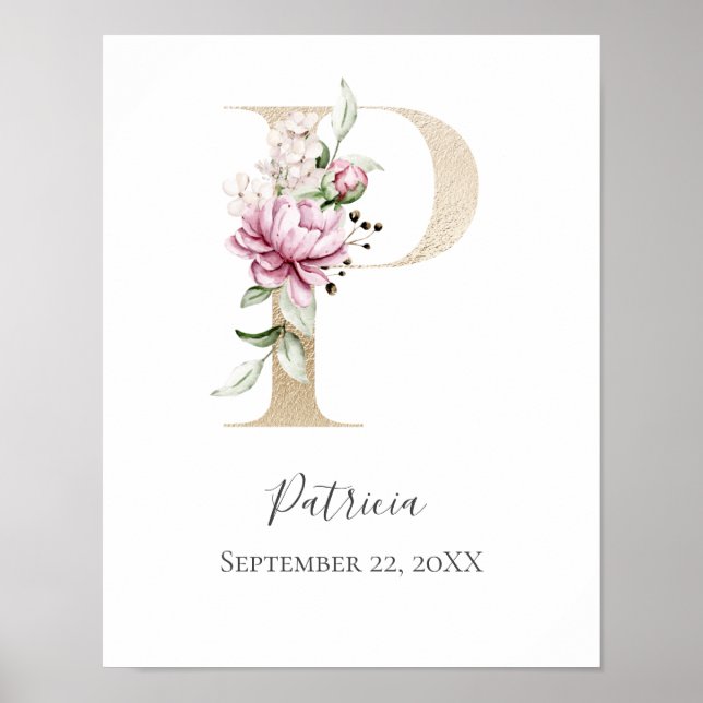 Póster Monograma P Letra blanca rosada dorada con flor Nu (Frente)