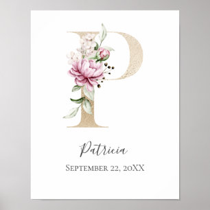 Póster Monograma P Rosa Blanco Floral Letra Dorada Guarde