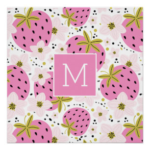 Póster Monograma Personalizado de fresas rosadas