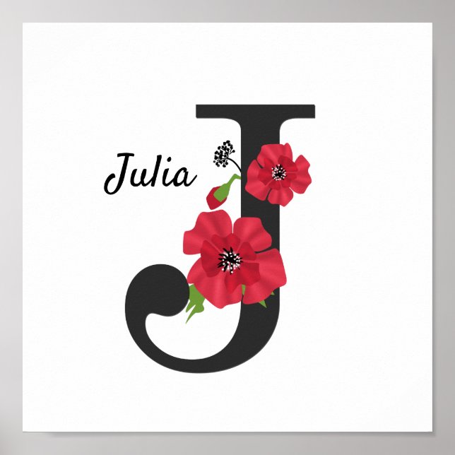 Póster Monograma personalizado editable J texto flor roja (Frente)