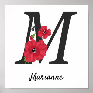 Póster Monograma personalizado editable M texto flor roja
