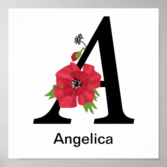Póster Monograma personalizado editable Un texto flor roj (Frente)