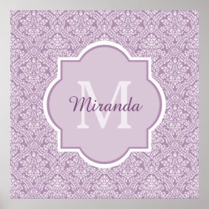 Póster Monograma púrpura del damasco de la lavanda