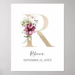 Póster Monograma R Rosa Blanco Floral Letra Dorada Guarde