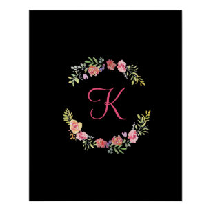 Póster Monograma Rosa, Amarillo y Verde Floral Acuarela