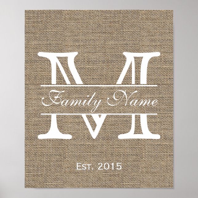 Póster Monograma Rústico Burlap Nombre de la familia (Frente)