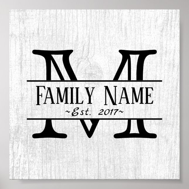 Póster Monograma Rústico Nombre de familia de madera blan (Frente)