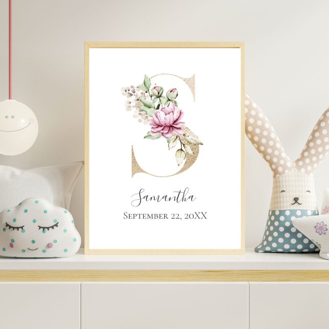 Póster Monograma S Letra blanca rosada de oro floral Nurs (Gold Monogram Letter S, Pink Watercolor Florals Nursery wall Art)