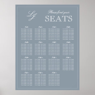 Póster Monograma Script Dusty Blue Modern Boda Asiento