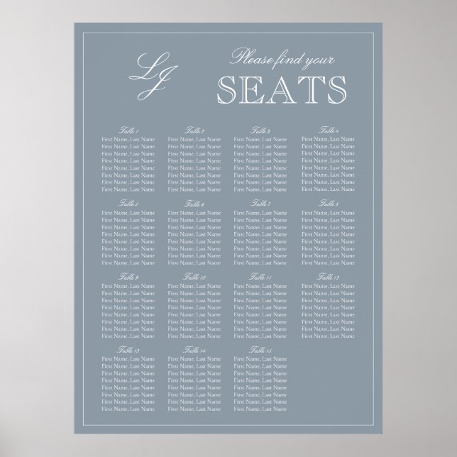 Póster Monograma Script Dusty Blue Modern Boda Asiento (Frente)