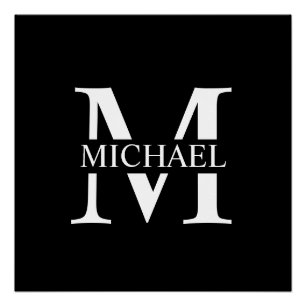 Póster Monograma y nombre personalizados de negro