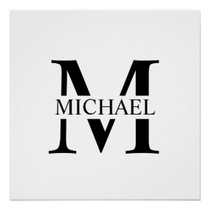 Póster Monograma y nombre personalizados en blanco