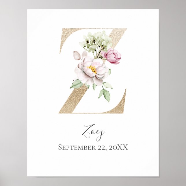 Póster Monograma Z Letra blanca rosada dorada letra flora (Frente)
