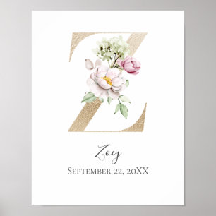 Póster Monograma Z Rosa Blanco Floral Letra Dorada Guarde