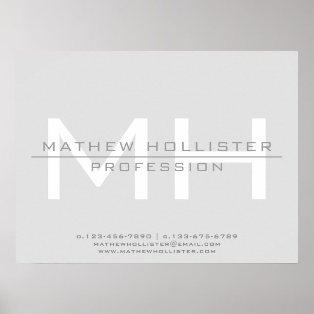 Póster Monogramado masculino, negocio gris (Frente)