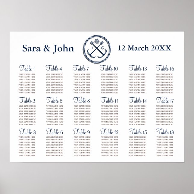 Póster Monogramas de anclaje, gráfico de asientos de boda (Frente)