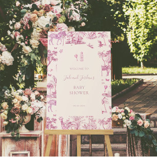 Póster Monos Safari Toile de Jouy   Baby Shower Rosa