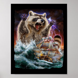 Póster Monster Raccoon Mientras Kraken Ataca Un Barco De 