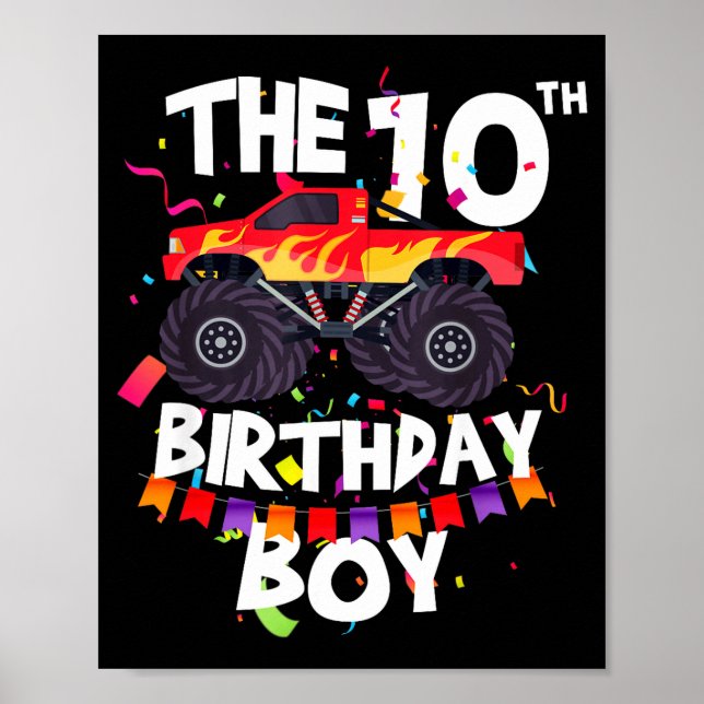 Póster Monster Truck 10th Birthday Boy Funny 10 Years Old (Frente)