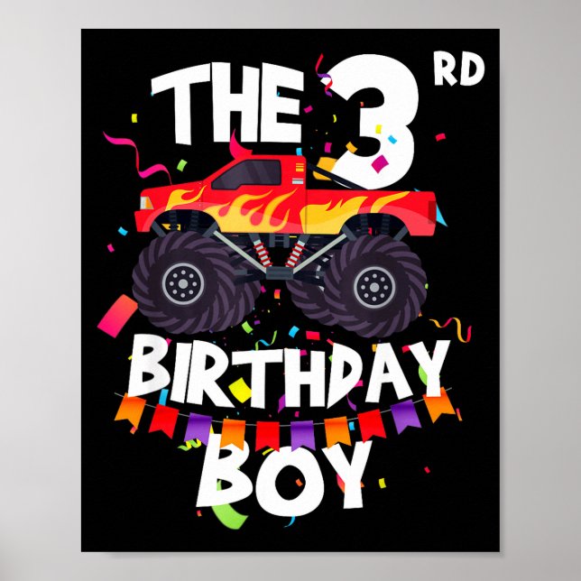 Póster Monster Truck 3rd Birthday Boy Funny 3 Years Old B (Frente)