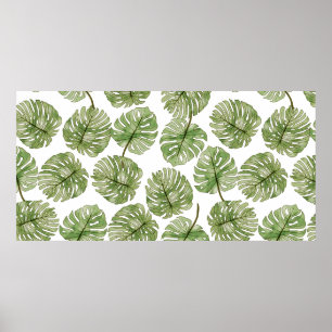 Póster Monstera acuarela verde hojas tropicales sin mar