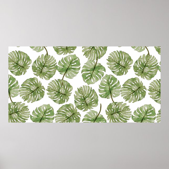 Póster Monstera acuarela verde hojas tropicales sin mar (Frente)