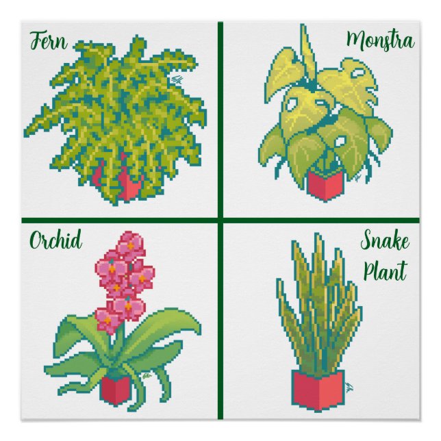 Póster Monstera, Fern, Orchid, snake plant. Pixel art (Anverso)