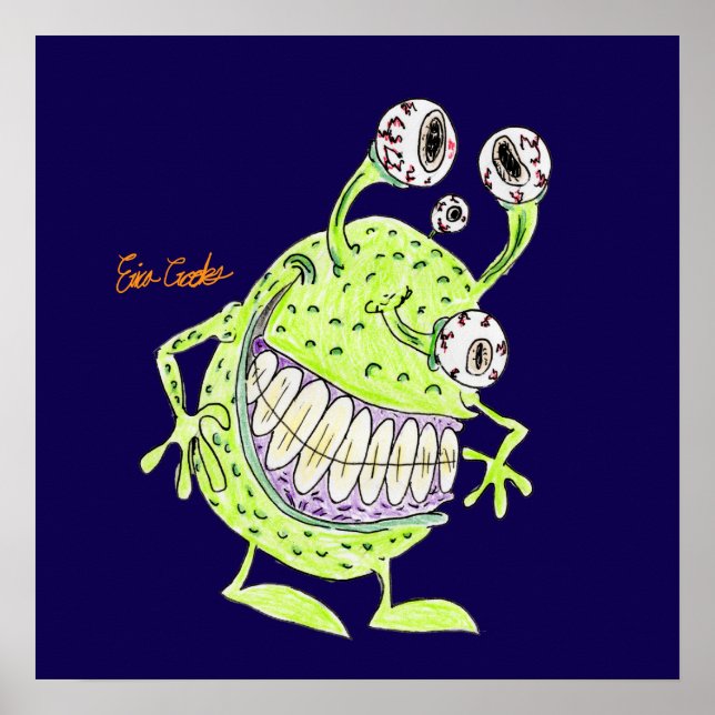 Póster monstruo alienígena verde de 4 ojos (Frente)