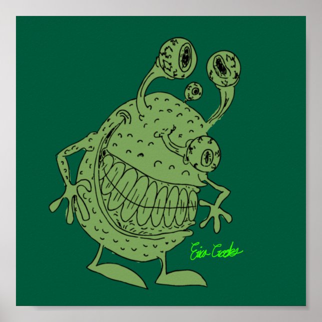 Póster monstruo alienígena verde de 4 ojos todo verde (Frente)