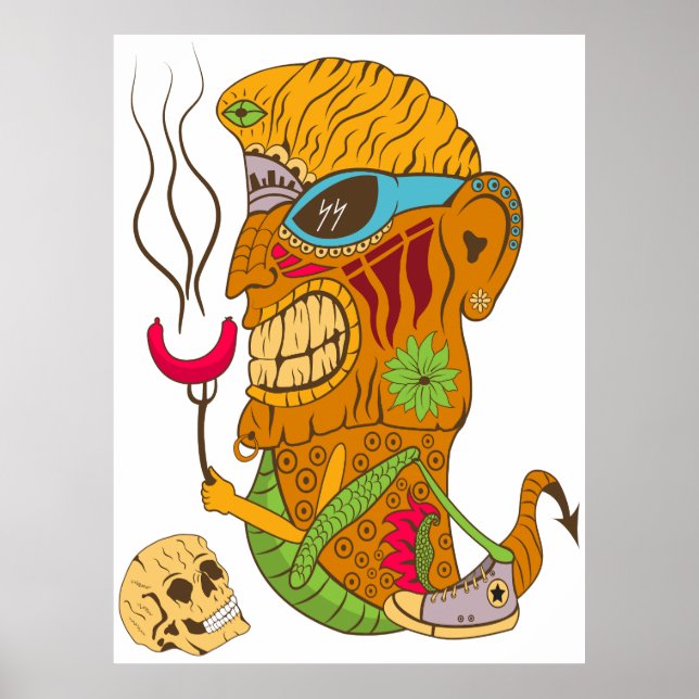 Póster Monstruo de la parrillada Tiki con salchicha y crá (Frente)