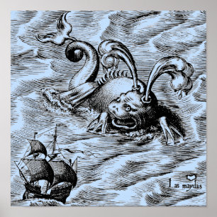 Póster Monstruo del Mar Ártico y barco de vela