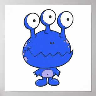 Póster monstruo feliz de tres ojos azul