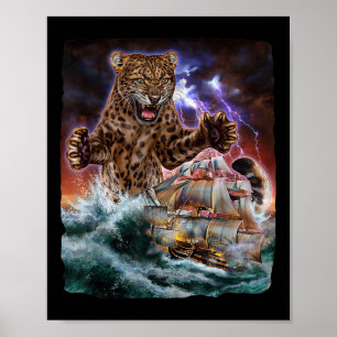 Póster Monstruo Gato Jaguar Mientras Kraken Ataca Un Barc