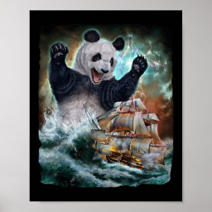 Póster Monstruo Gigante Panda Mientras Kraken Ataque Un B